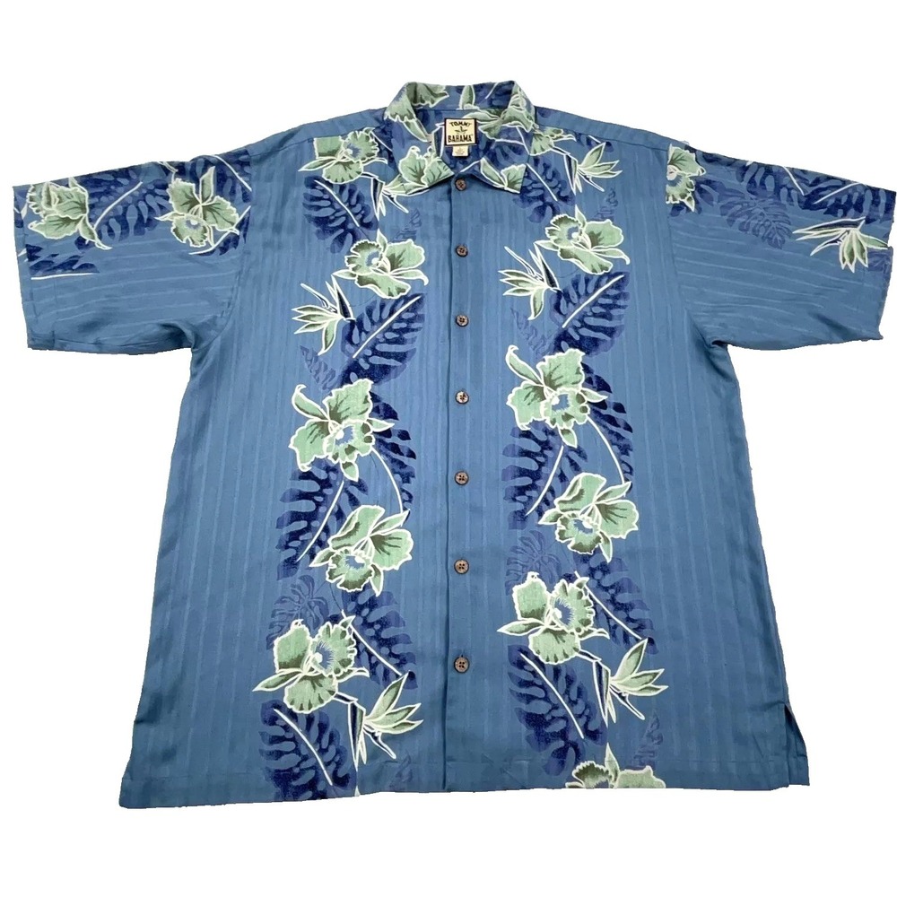 Tommy Bahama Silk Shirt‎ Men Large Blue Button Up Floral Hawaiian Camp O42